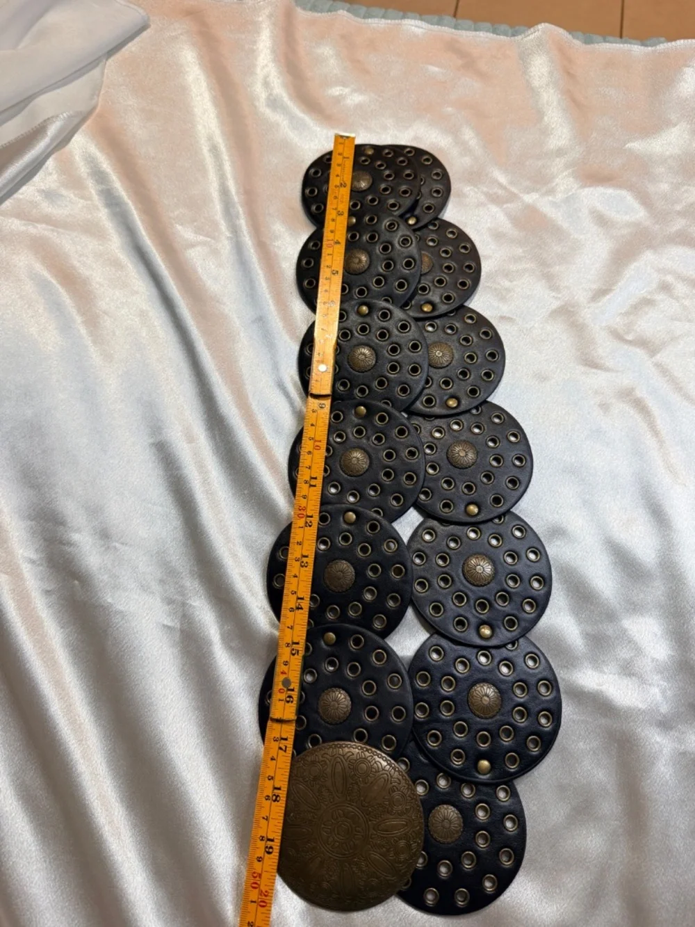 Vintage Y2K Black Disc Concho Belt Brass Grommets Boho Western Statement Belt